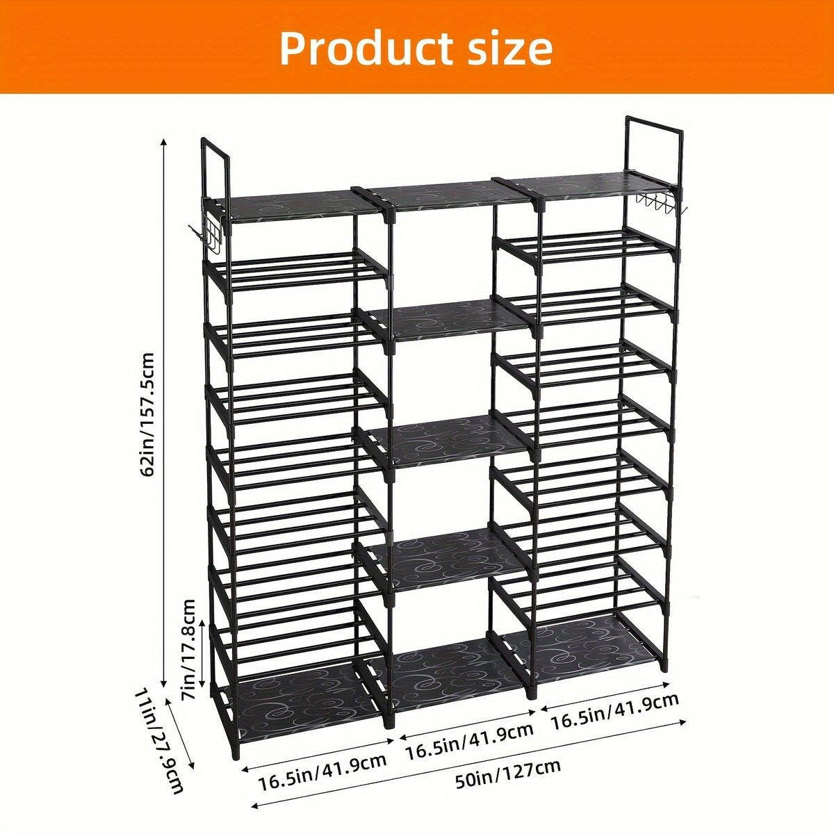 Nine-Tier Shoe Rack with Hooks, Black Metal Stackable Footwear Organizer with Listed 50–55 Pair Capacity for Entryway, Bedroom and Closet Storage