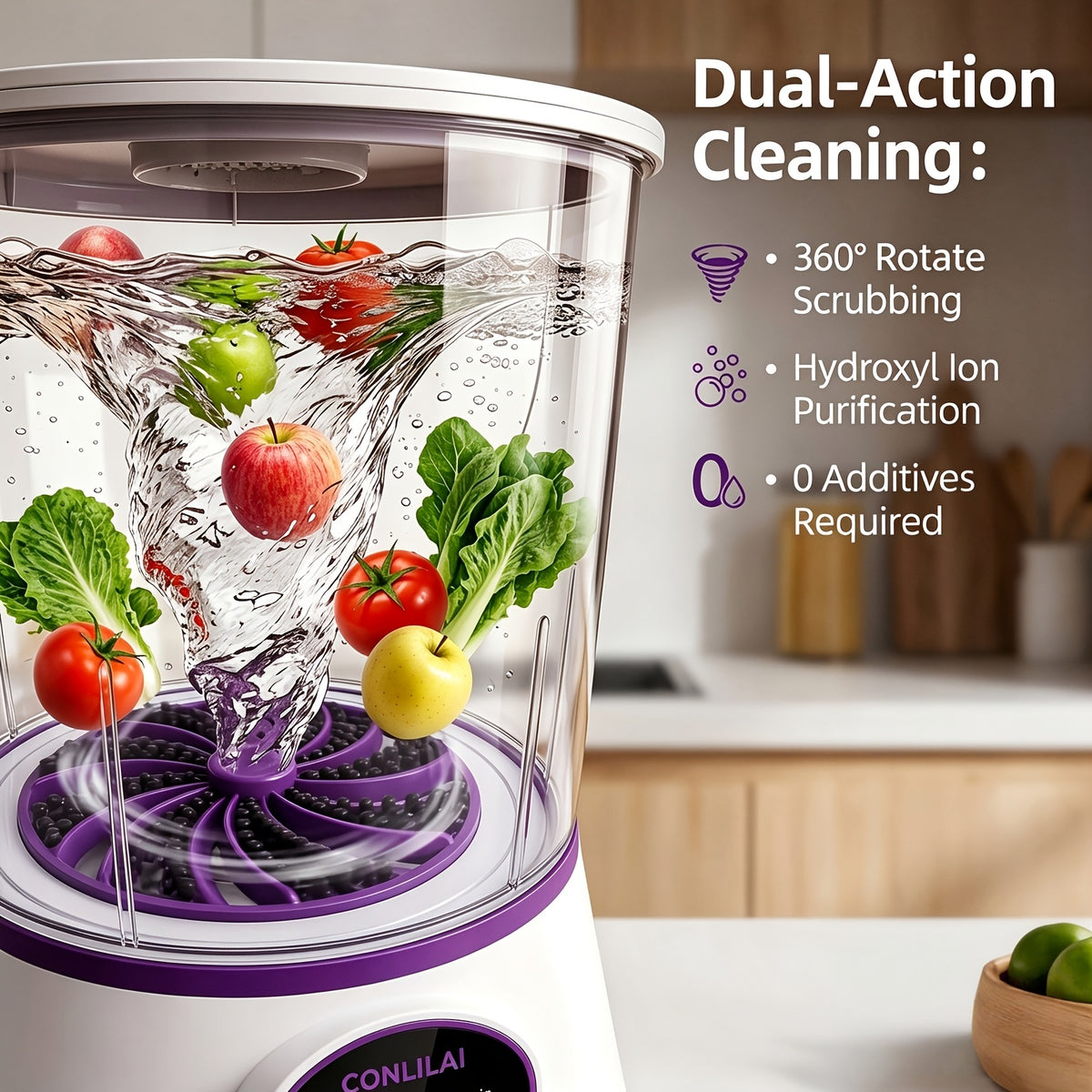 Fruit and Vegetable Cleaning Machine with Three Listed Function Modes, Single or Dual Battery Options for Household Produce Preparation Routines
