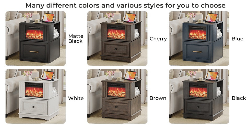 Electric Fireplace End Table with Listed 180-Degree Rotation and 13-Inch Screen, Storage and Charging Station, Six Finish Choices for Living Room Layouts