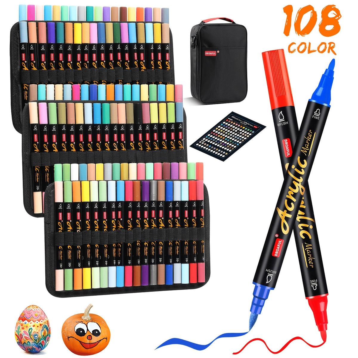 108/72/36 Color Acrylic Paint Markers | Dual Tips, Water-Based, Non-Toxic & Odorless, Suitable For Rock, Fabric, Metal, Glass, Wood, Canvas, Ceramic, Plastic, Eggs, Pumpkins | Premium Art Supplies For Christmas, Halloween, Birthdays, Easter, Valenti
