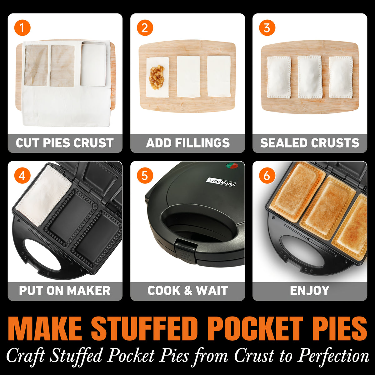 Electric Pocket Pie Maker with Listed Crust Cutter and Dual Nonstick Cooking Plates, Graphite Pie Press for Homemade Snack and Dessert Preparation
