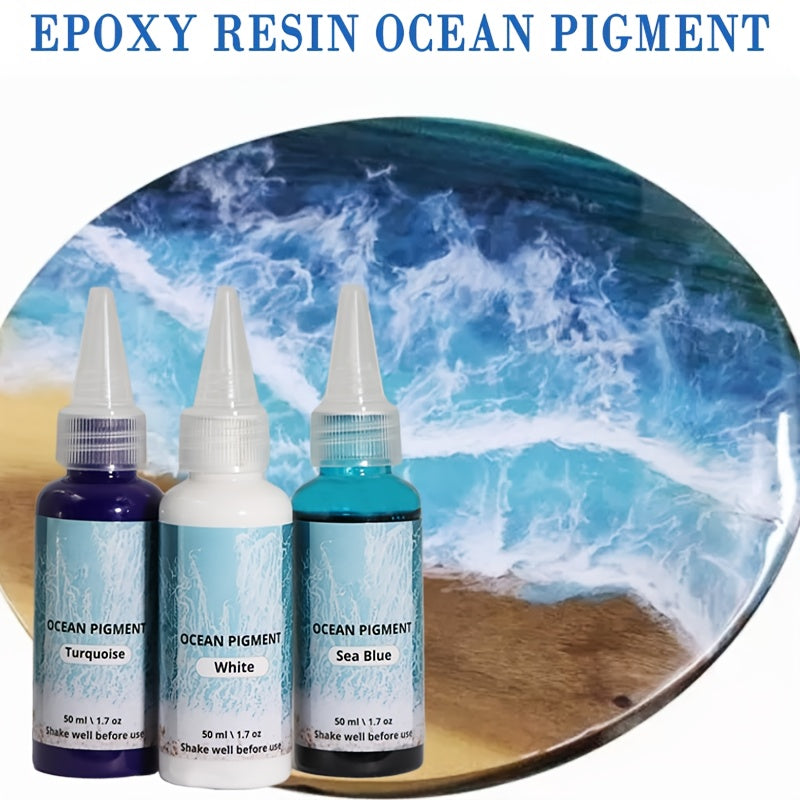 Ocean Wave Resin Paint Set with White, Sea Blue and Deep Blue Colors, Listed 1.69oz per Bottle and Oil-Based Pigment Reference for Compatible Decorative Resin Crafts