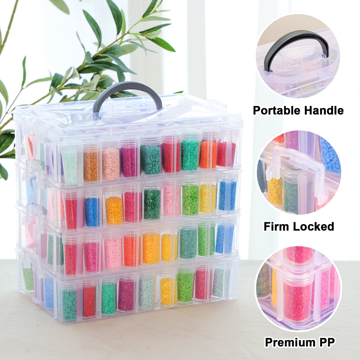 Bead Organizer by Whonline with Four Tiers and 200 Listed Slots, Portable Stackable Diamond Painting Storage for Jewelry Beads and Small Craft Supplies