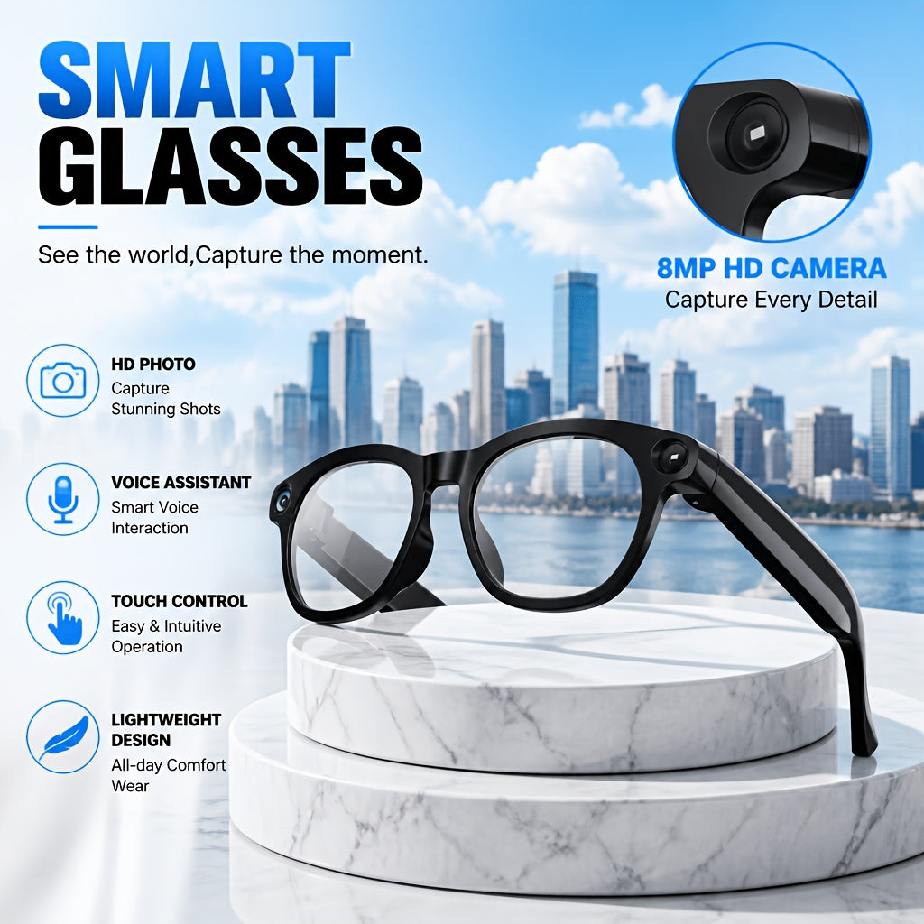 Voice-Wake Smart Camera Glasses with Listed 8MP Imaging, Photo and Video Capture, Real-Time Translation, Voice Assistant, Wireless Music and Call Features