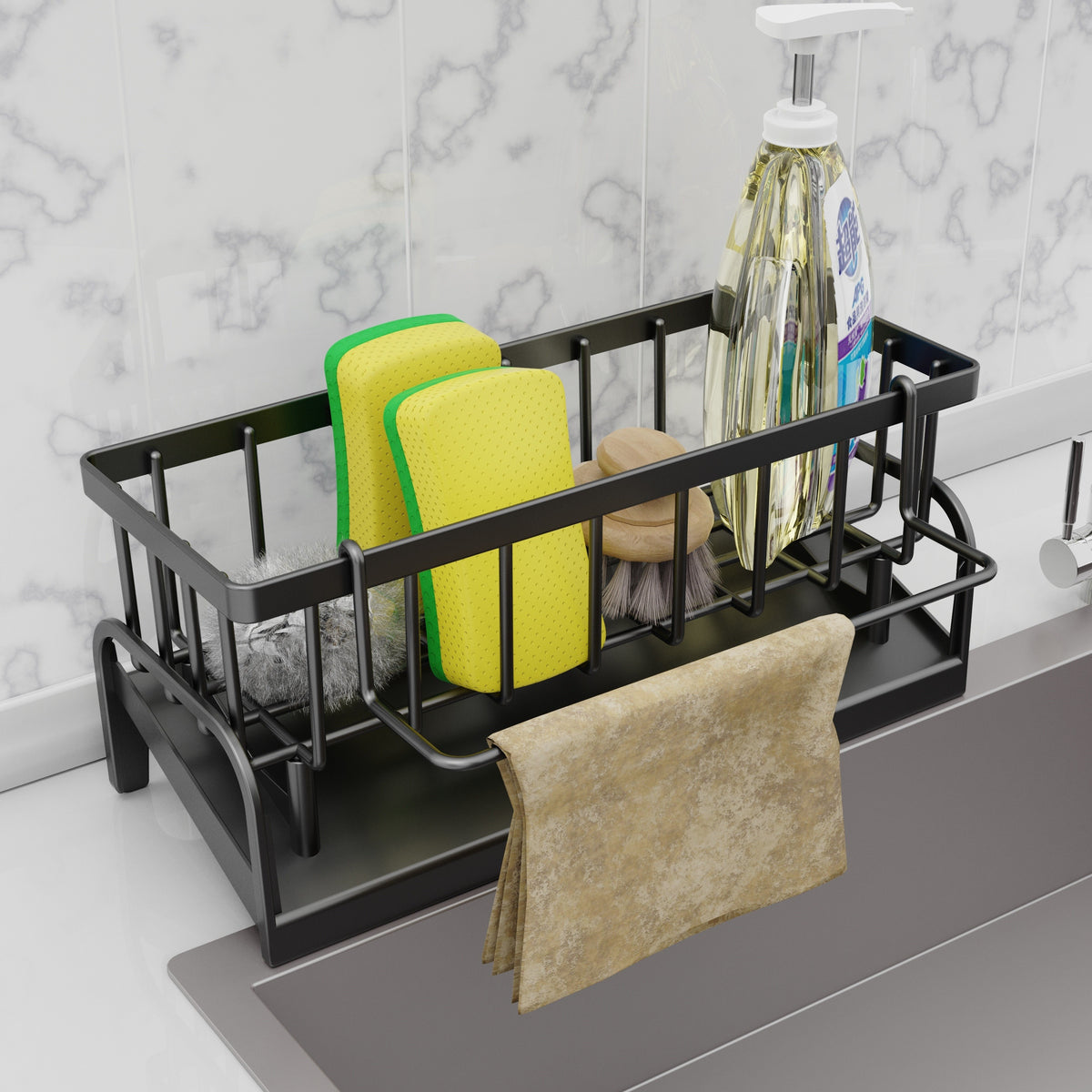 Faucet-Mounted Sponge Holder and Dish Cloth Organizer, PP Plastic Sink Storage Set in Gray or White for Compatible Kitchen and Bathroom Faucet Setups