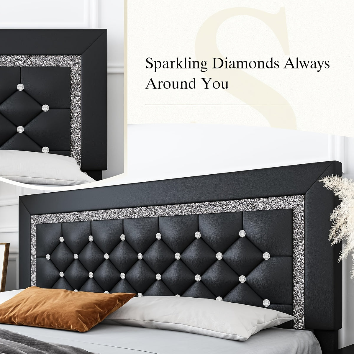Diamond Tufted Upholstered Bed Frame in Black Faux Leather with Headboard, Footboard and Wooden Slat Support, Twin, Full, Queen and King Options