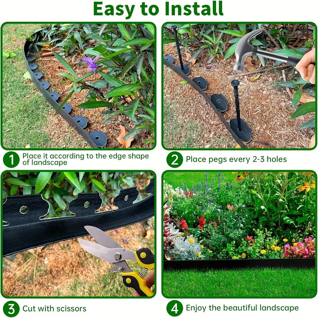 No-Dig Landscape Edging Kit, Flexible HDPE Garden Border with Anchoring Spikes for Flower Beds, Lawn and Pathways, Black or Green with Optional Hammer