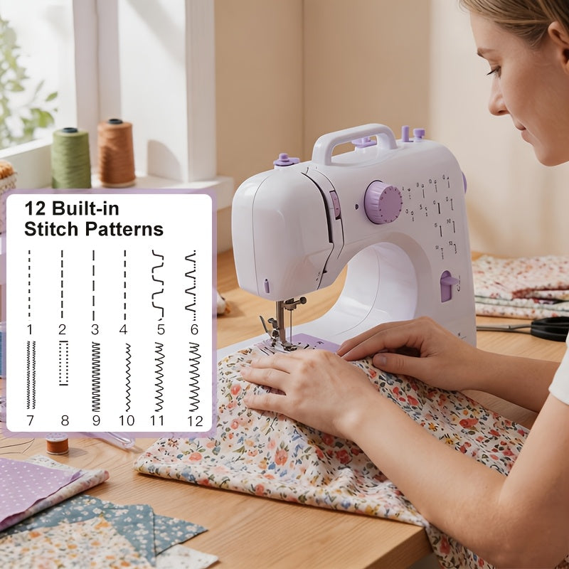 Sewing Machine with Adjustable Speed and 12 Stitch Patterns, White Purple Portable Electric Design for Beginner Practice, Home Fabric Repairs and DIY Crafts