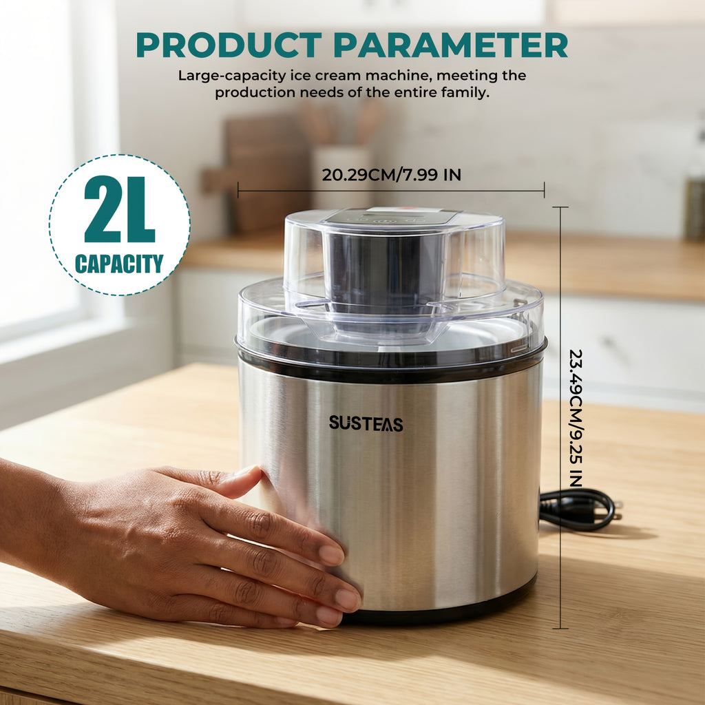 Home Ice Cream Maker with 0.8-Liter White and Green or 2-Liter Stainless Steel Color Options for Homemade Frozen Desserts, Summer Parties and Kitchen Gifts