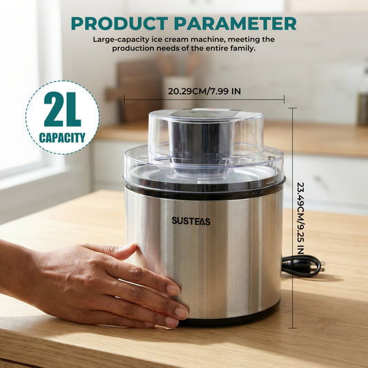 Home Ice Cream Maker with 0.8-Liter White and Green or 2-Liter Stainless Steel Color Options for Homemade Frozen Desserts, Summer Parties and Kitchen Gifts