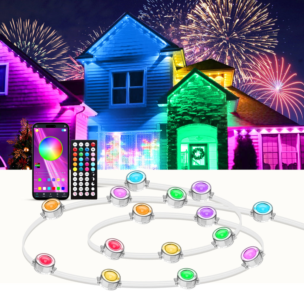 Permanent Outdoor RGB Eave Lights with App and Remote Control, Music Sync and Timer, Listed 100FT or 500FT Options for Christmas, New Year and Party Decor