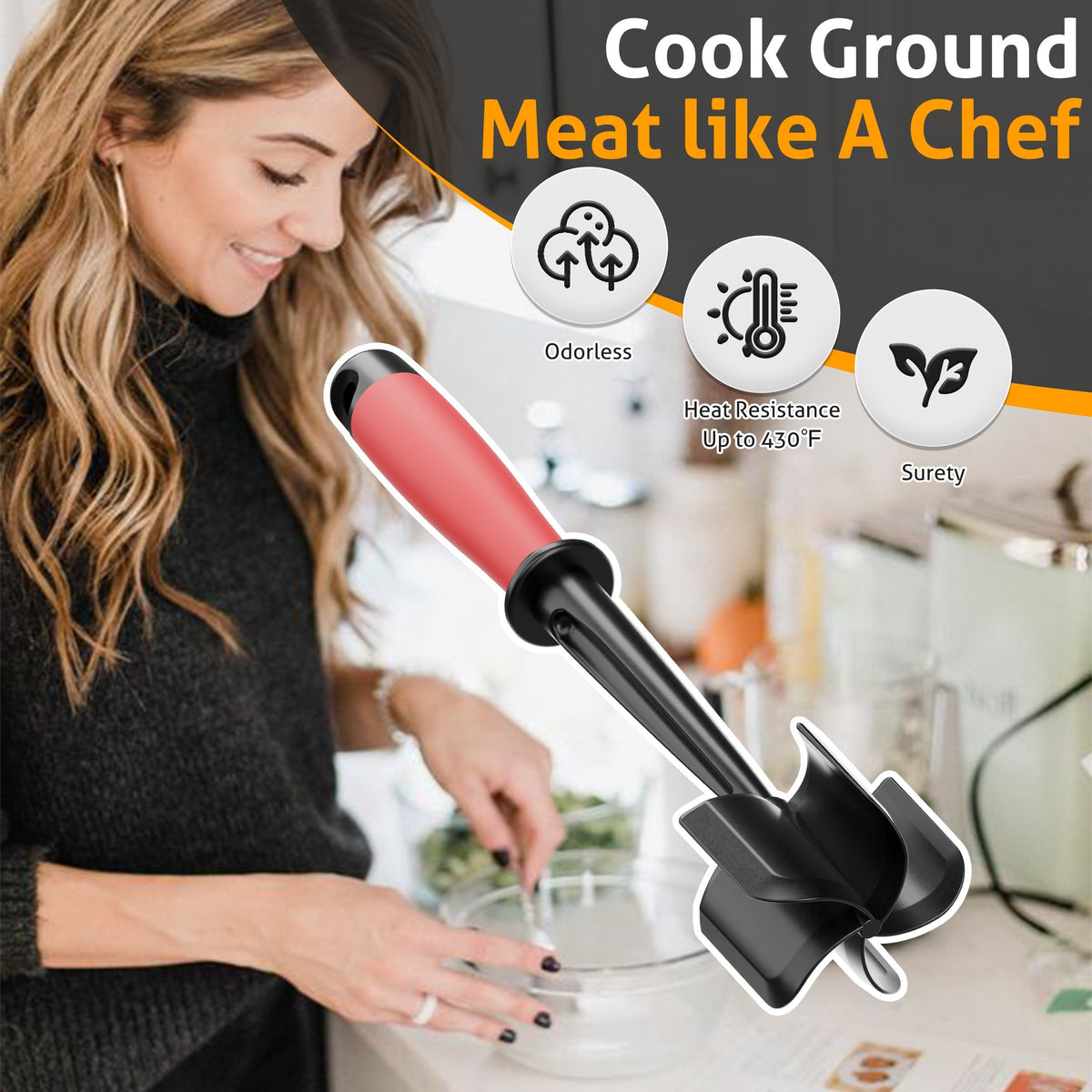 Five-Curved-Blade Ground Beef Chopper, Manual Hamburger Meat Masher and Mixing Utensil in Blue Black, Reddish Black or Black for Home Kitchen Meal Preparation