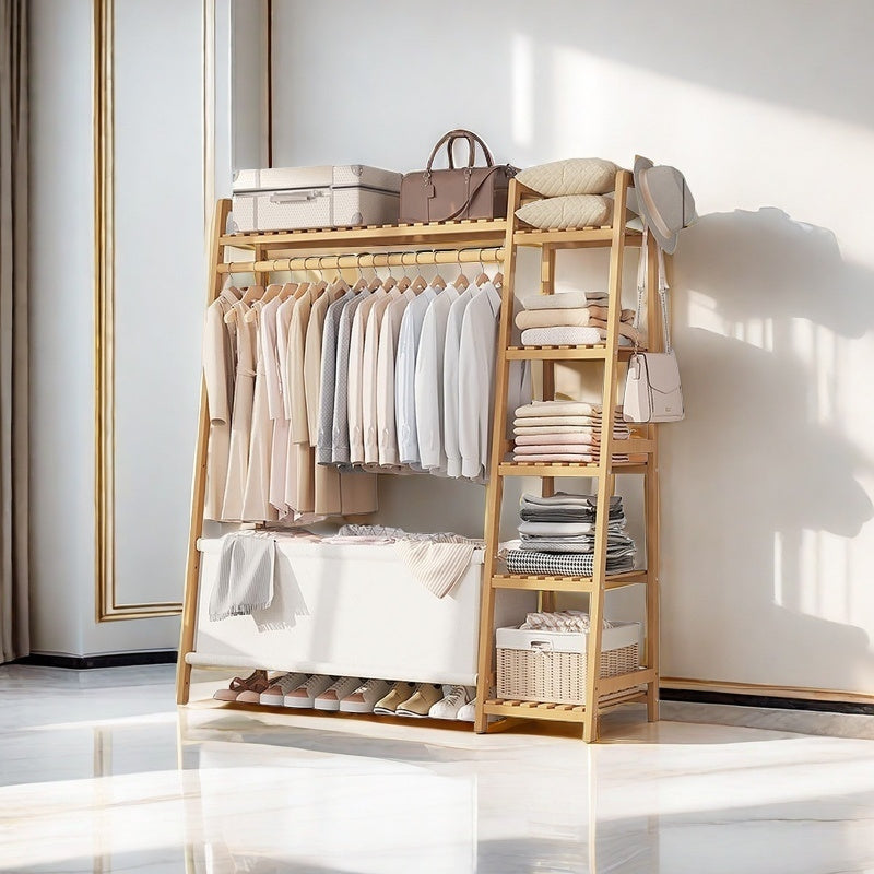 Bamboo Garment Rack with Adjustable Shelves, Five Side Storage Racks and Hat Hooks for Bedroom Organization, Brown or Nature with Four Size and Bag Option Labels