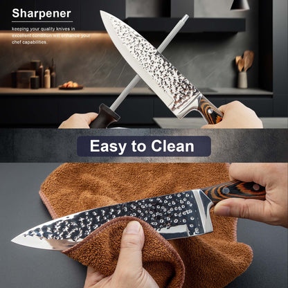 Hammered Kitchen Knife Set in Stainless Steel with Listed Wooden Handles, Storage Block and Sharpener for Home Cooking, 15-PCS or 20-PCS-Black Options