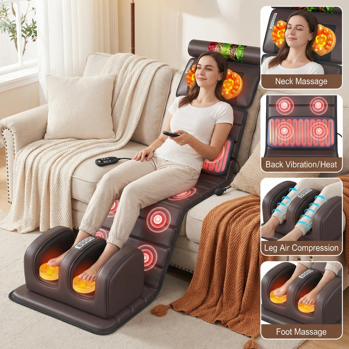 Heated Massage Pad for Home Relaxation, Brown Foldable 5-in-1 Body Massage Mat with Listed Multiple Modes for Neck, Shoulders, Back, Waist and Legs