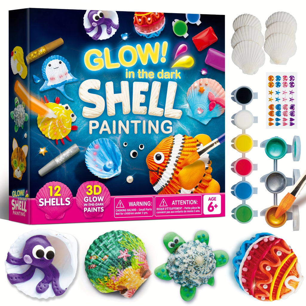 Seashell Painting Kit by SYNCFUN, 12-Shell Ocean Craft Set with 4 Glow-in-the-Dark Paint Bottles and 4 Brushes for Ages 6–12 Supervised Art Activities