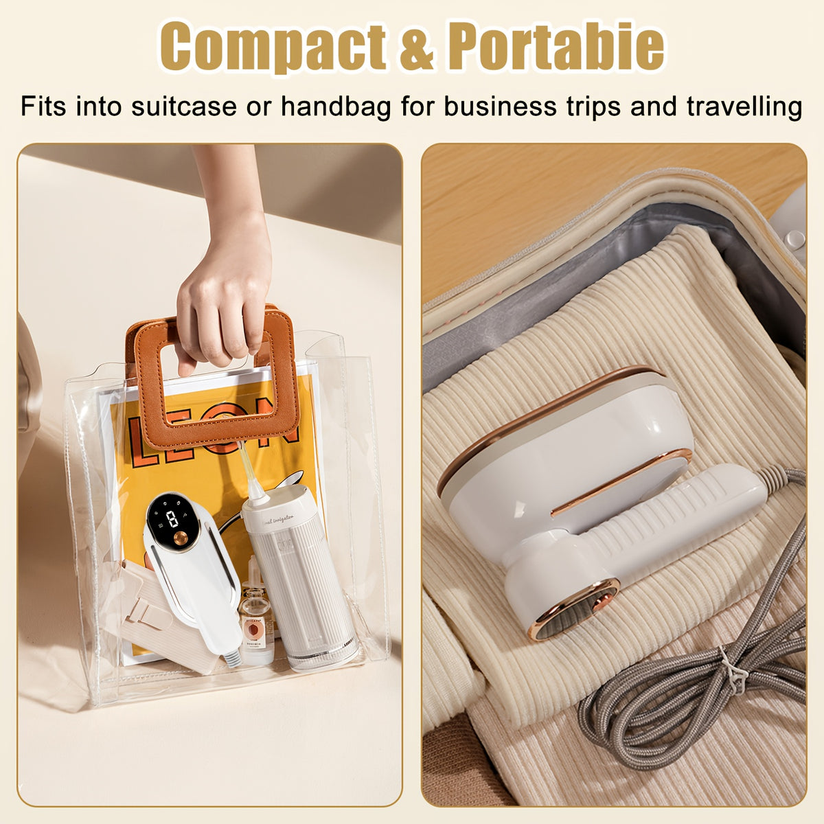 2-in-1 Travel Steam Iron with LCD Display, 1200W Foldable Mini Garment Steamer with 3 Steam Levels, Wet and Dry Modes for Wrinkle-Free Clothes at Home, Office and On the Go, 6oz Tank, White