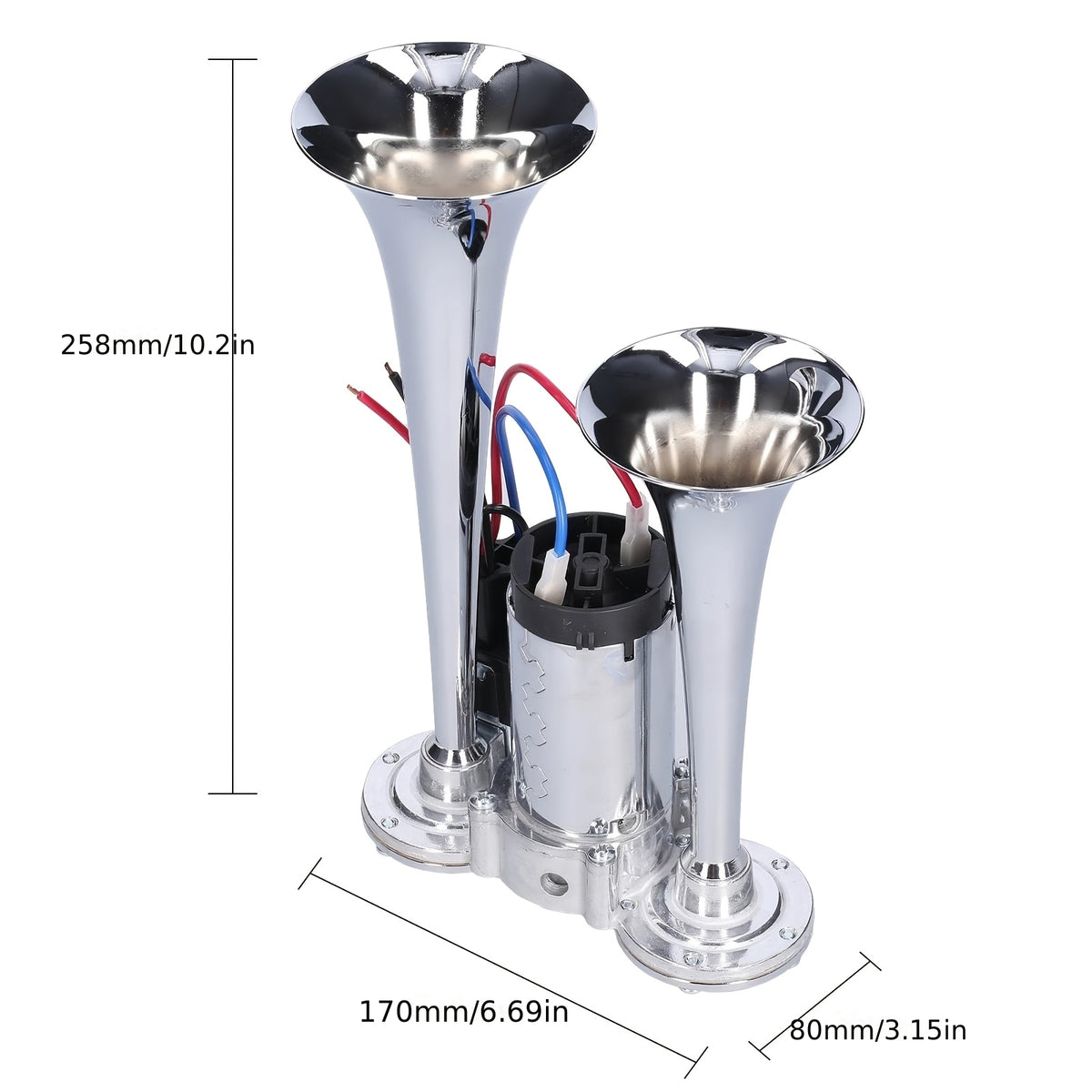 Double Tube Air Horn with Compressor and Mounting Bracket References, Listed Aluminum Alloy Vehicle Accessory in 24V Dual-Color or Silvery Options