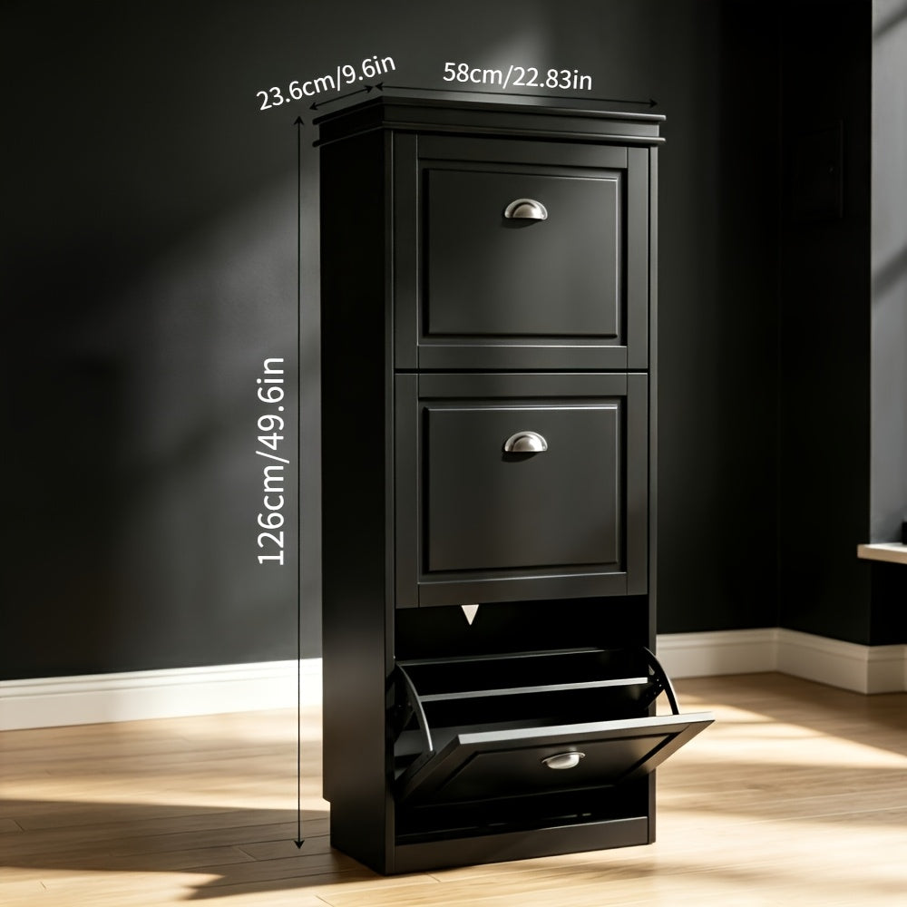 Shoe Storage Cabinet for Entryway and Hallway Organization, Black Upgrade or White Two, Three and Four-Door Options with Listed Flip-Drawer Storage Features