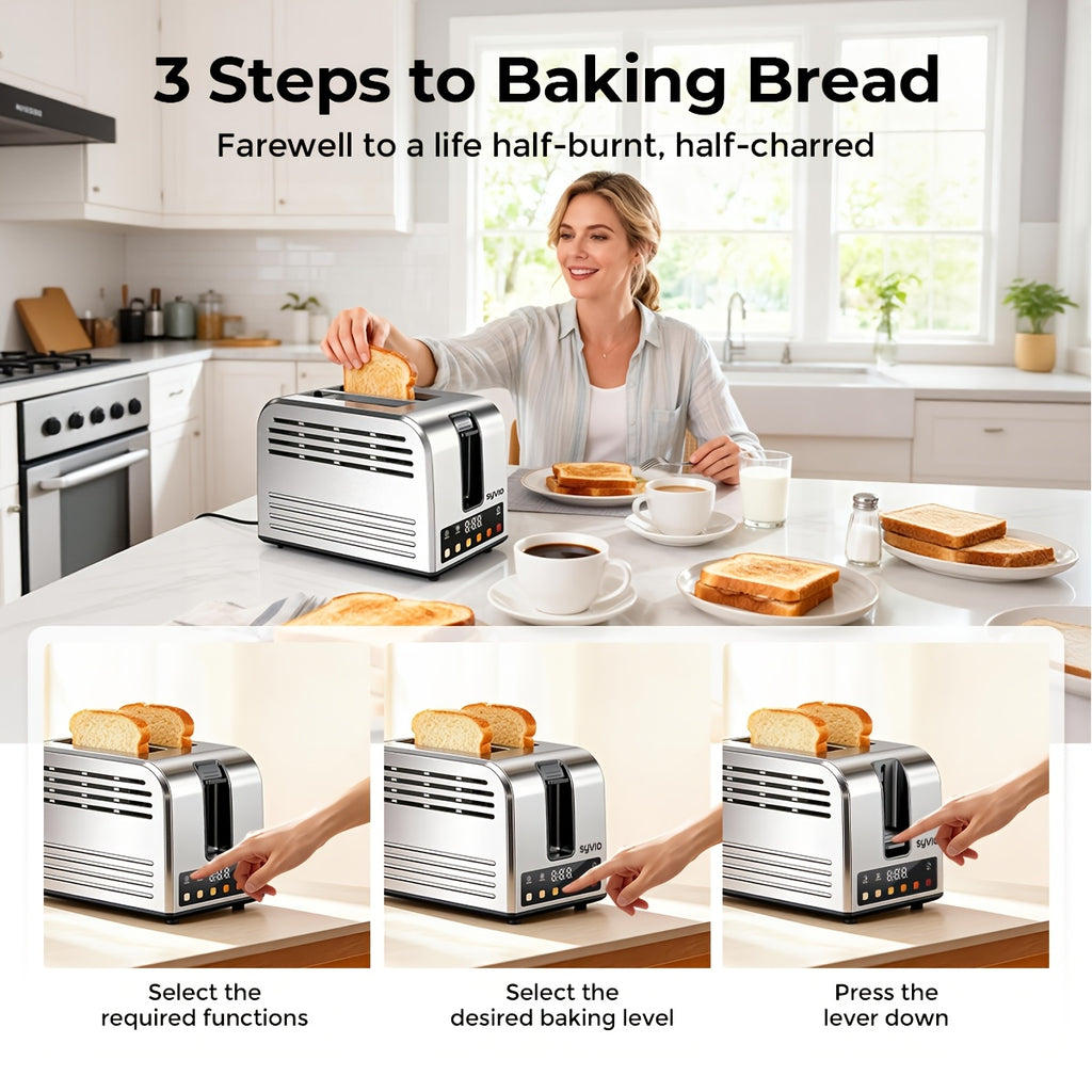 Stainless Steel Smart Toaster by Syvio with Listed Touchscreen Controls, Five Bread Types, Six Browning Levels, Wide Slots and Removable Tray for Breakfast