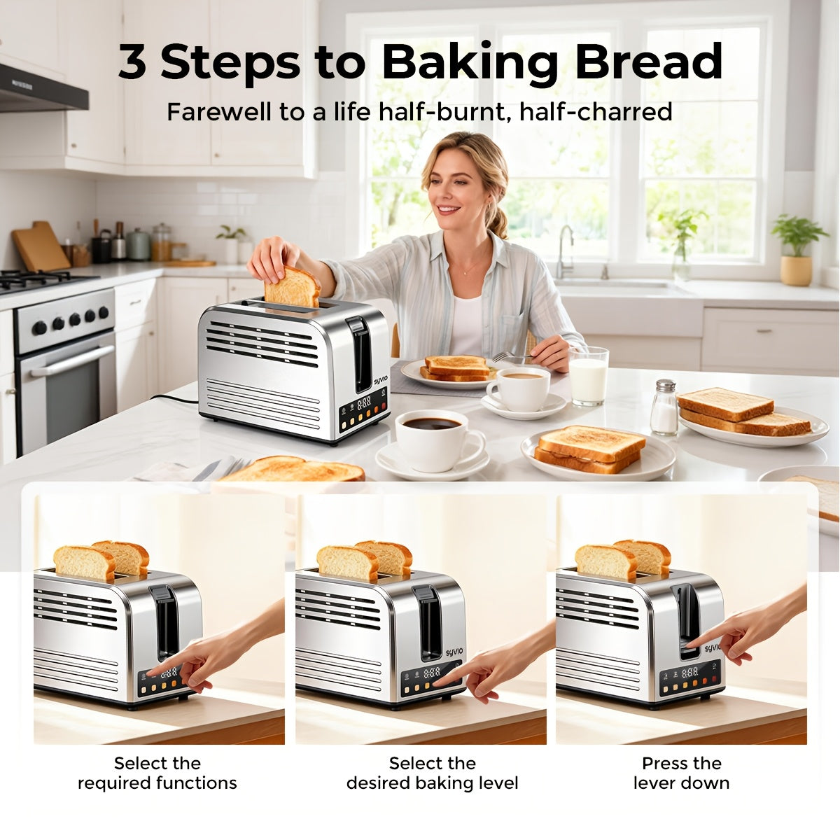 Stainless Steel Smart Toaster by Syvio with Listed Touchscreen Controls, Five Bread Types, Six Browning Levels, Wide Slots and Removable Tray for Breakfast