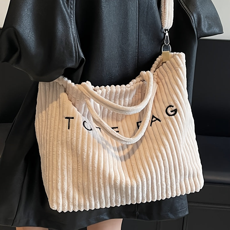 Letter Pattern Corduroy Tote Bag for Women with Adjustable Shoulder Strap and Listed Color-Block Design, Beige, Black, Green or Pink for Work, Shopping and Casual Outings