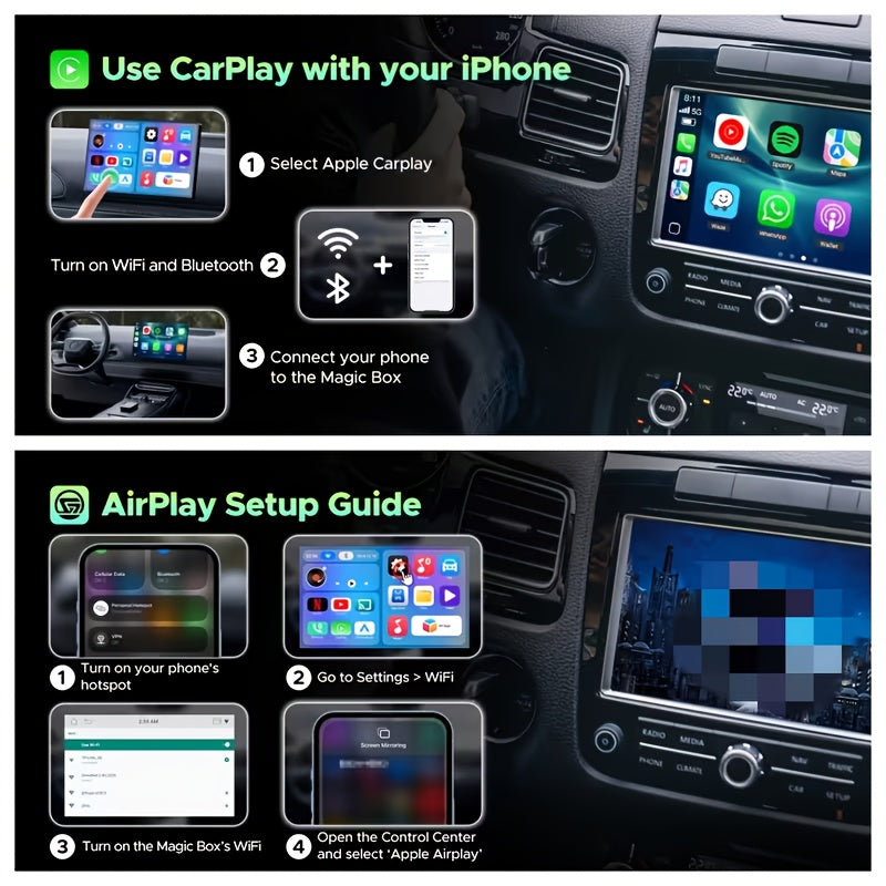 CarPlay Media Box in Black with Listed Wireless CarPlay Adapter, USB Port and Streaming Support for Compatible Factory Wired CarPlay and Android Auto Systems