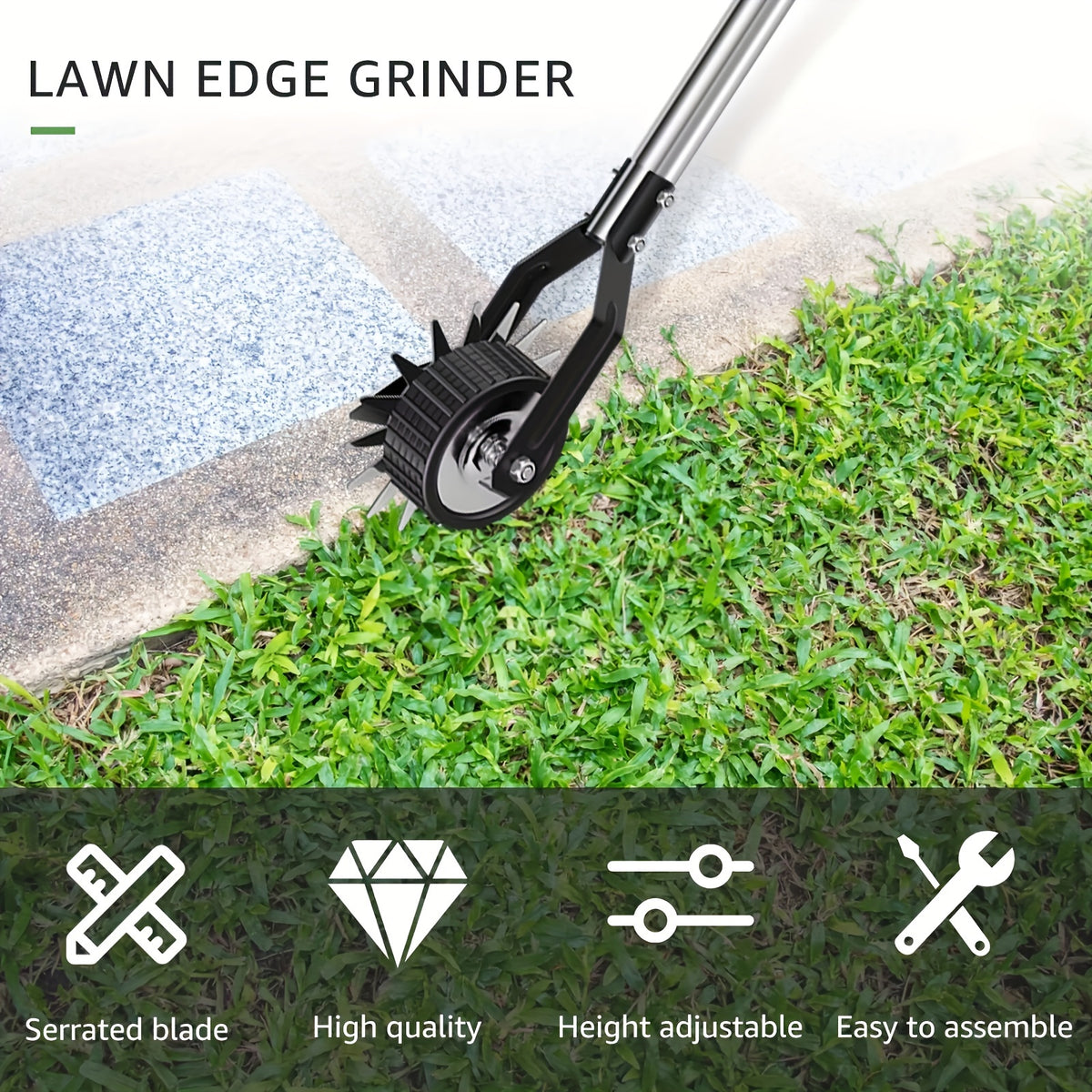 Manual Wheeled Lawn Edger by Sakerplus with Stainless Steel Sectional Handle, Three or Four Pole Sections for Garden Borders and Sidewalk Grass Trimming
