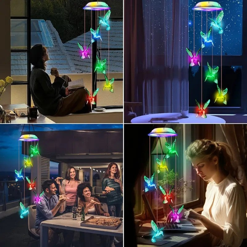 Solar Hummingbird Wind Chime Lights with Color-Changing Illumination, Single or Two-Pack Decorative Options for Garden, Balcony and Courtyard Accent Displays