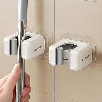 White Mop and Broom Holder Two-Piece Set with No-Drill Wall-Mount Design for Compatible Cleaning Tools, Kitchen, Bathroom and Household Storage Organization