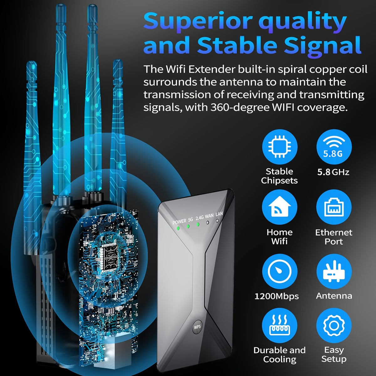 Black Dual-Band WiFi Extender with Ethernet Port, 2.4GHz and 5GHz Wireless Signal Booster and Repeater for Compatible Home Internet Networks