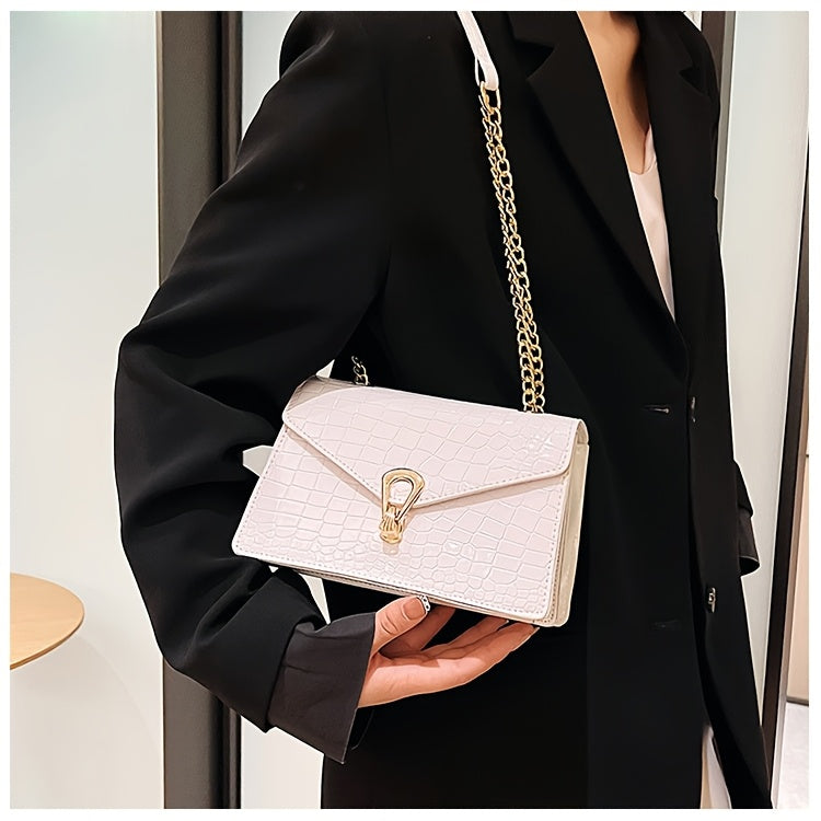 Reptile-Pattern Crossbody Bag for Women with Chain Strap Styling and Gold-Tone Hardware, White, Green or Rose Red Shoulder Purse for Casual and Evening Outfits