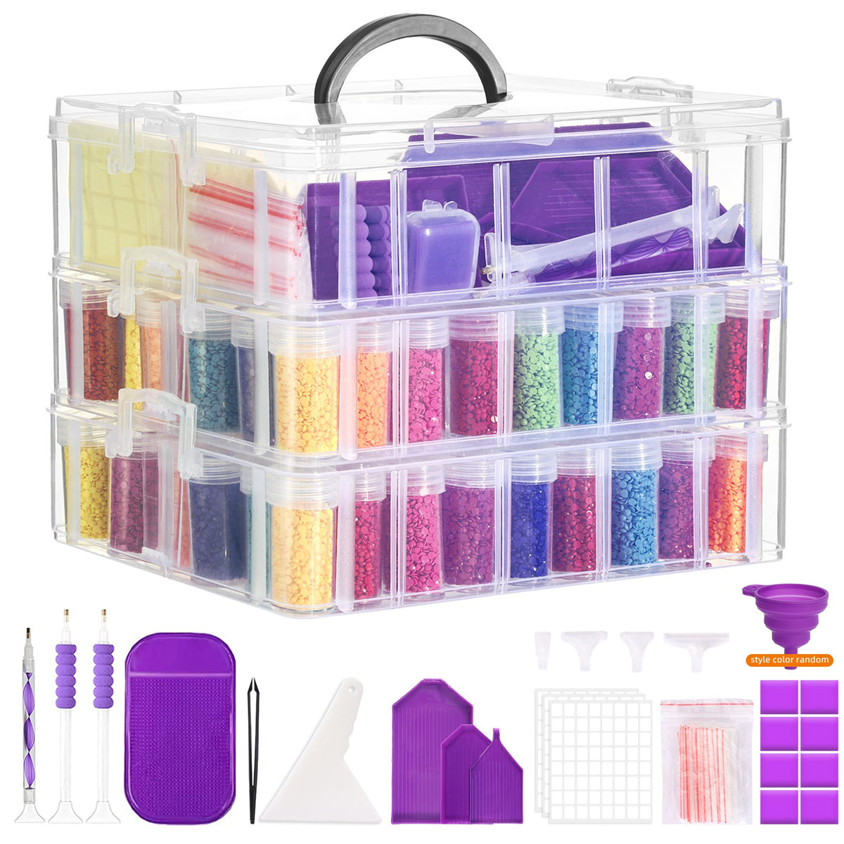 Diamond Painting Storage Container with Listed 100 Slots and Three-Tier Clear Stackable Design, Bead Organizer Set with Craft Accessories for DIY Art and Jewelry Supplies