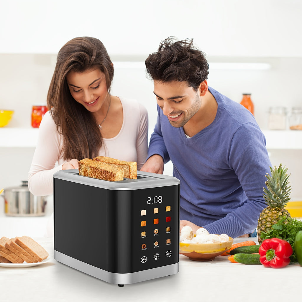 LCD Touchscreen Toaster with Two-Slice Capacity, Six Bread Types and Six Shade Settings, Listed Wide Slots with Bagel, Cancel and Defrost Functions