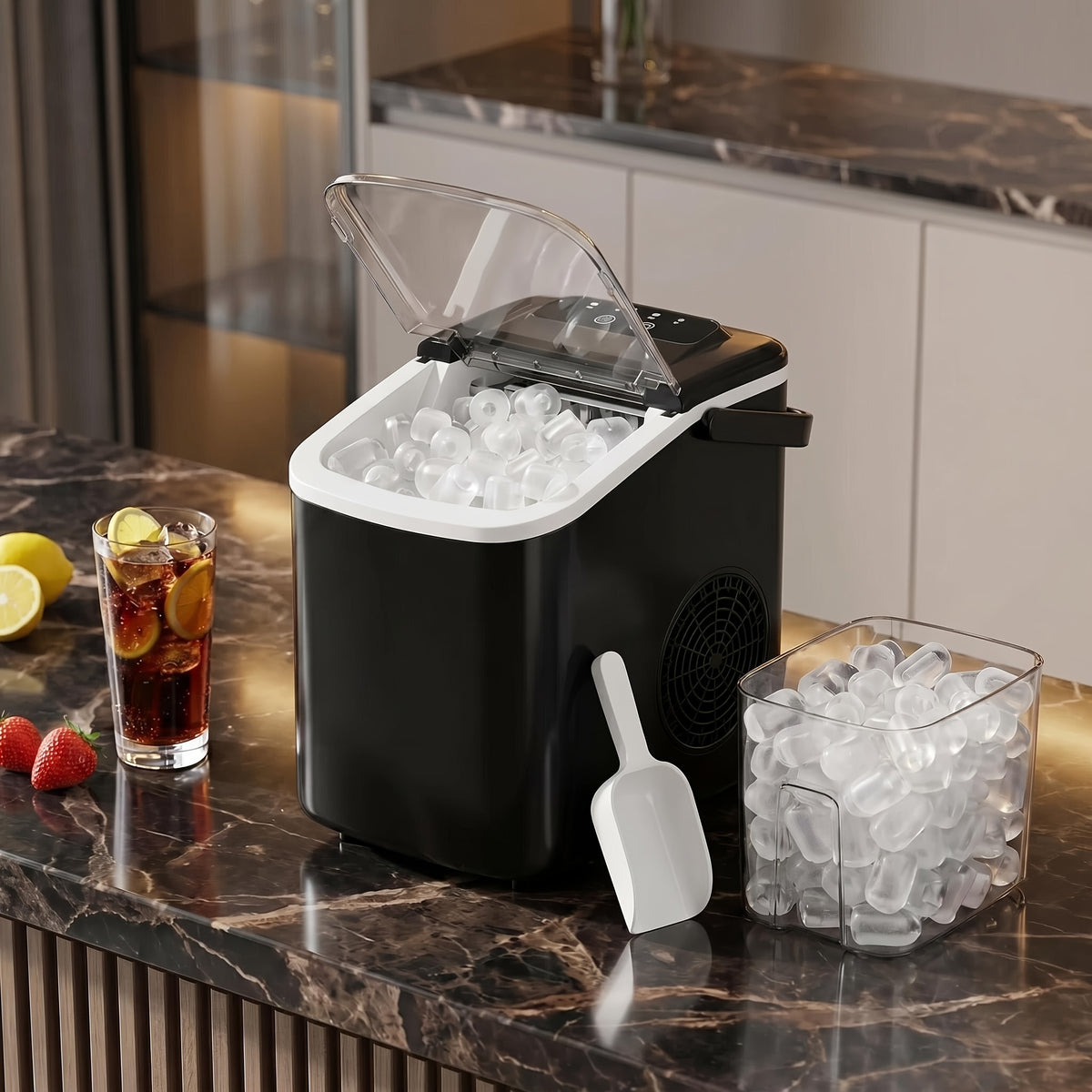 Carry-Handle Ice Maker with Basket and Scoop, Listed 26lb Daily Output and Nine Bullet Cubes in 6–8 Minutes, Black or White 40.58oz-Labeled Options
