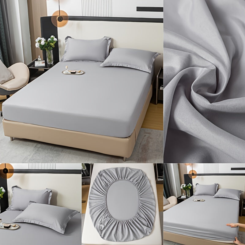 Three-Piece Solid Fitted Sheet and Pillowcase Set, One Soft-Feel Mattress Sheet with Two Pillowcases in Ten Size Labels and Six Colors for Home Bedrooms
