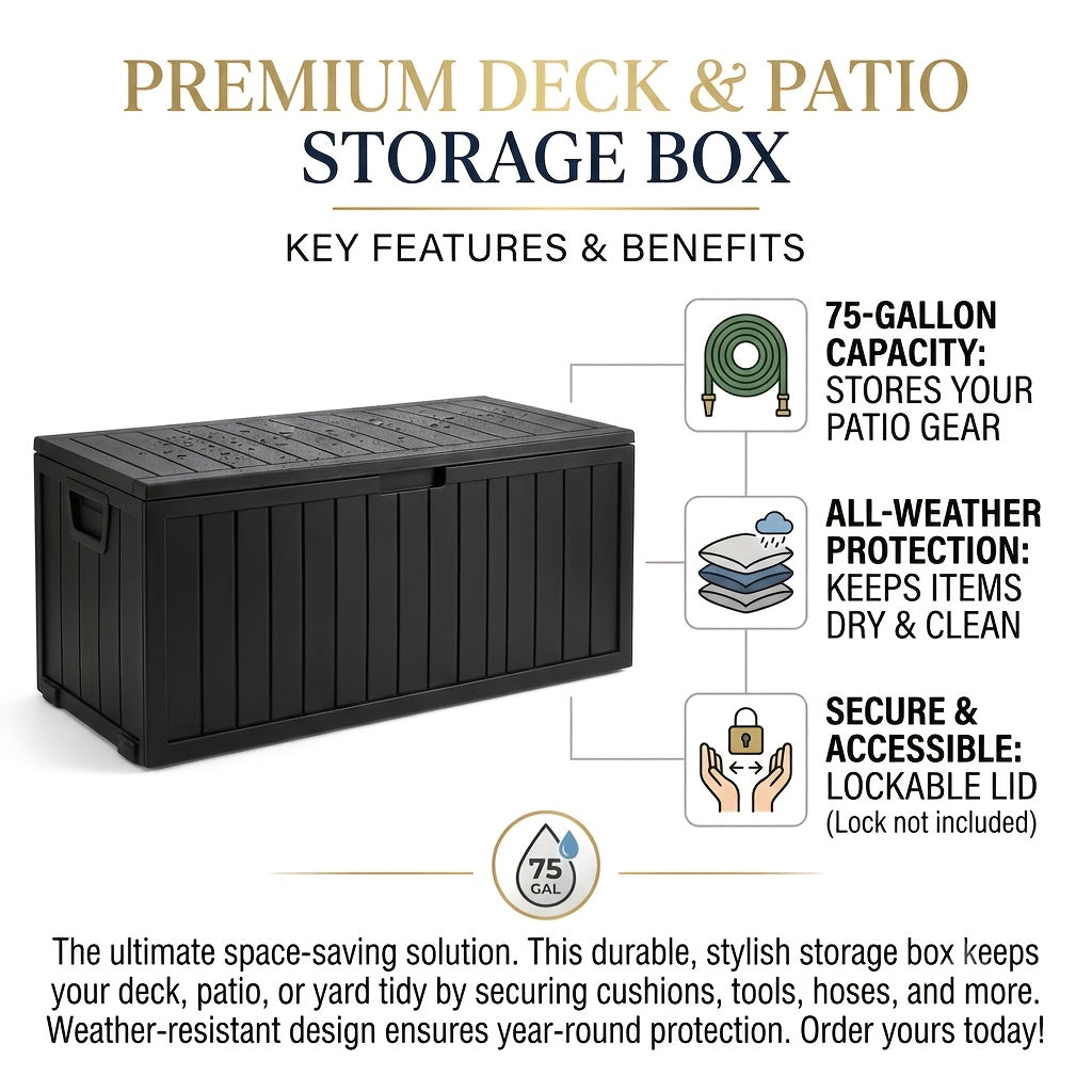 Flip-Top Patio Storage Box, Plastic Deck Organizer with Lockable Lid and Handle/Wheel References, Black 75 or Black 35 Model Options for Outdoor Essentials