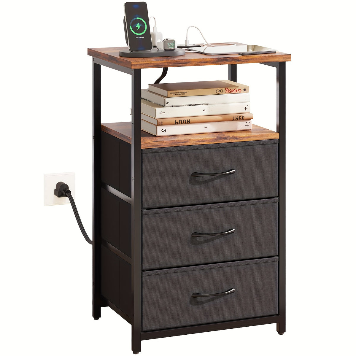 Three-Drawer Fabric Nightstand by WHONLINE with Metal Frame, Open Wood Shelves and Adjustable Feet, Single or Two-Piece Options for Bedroom and Dorm Storage