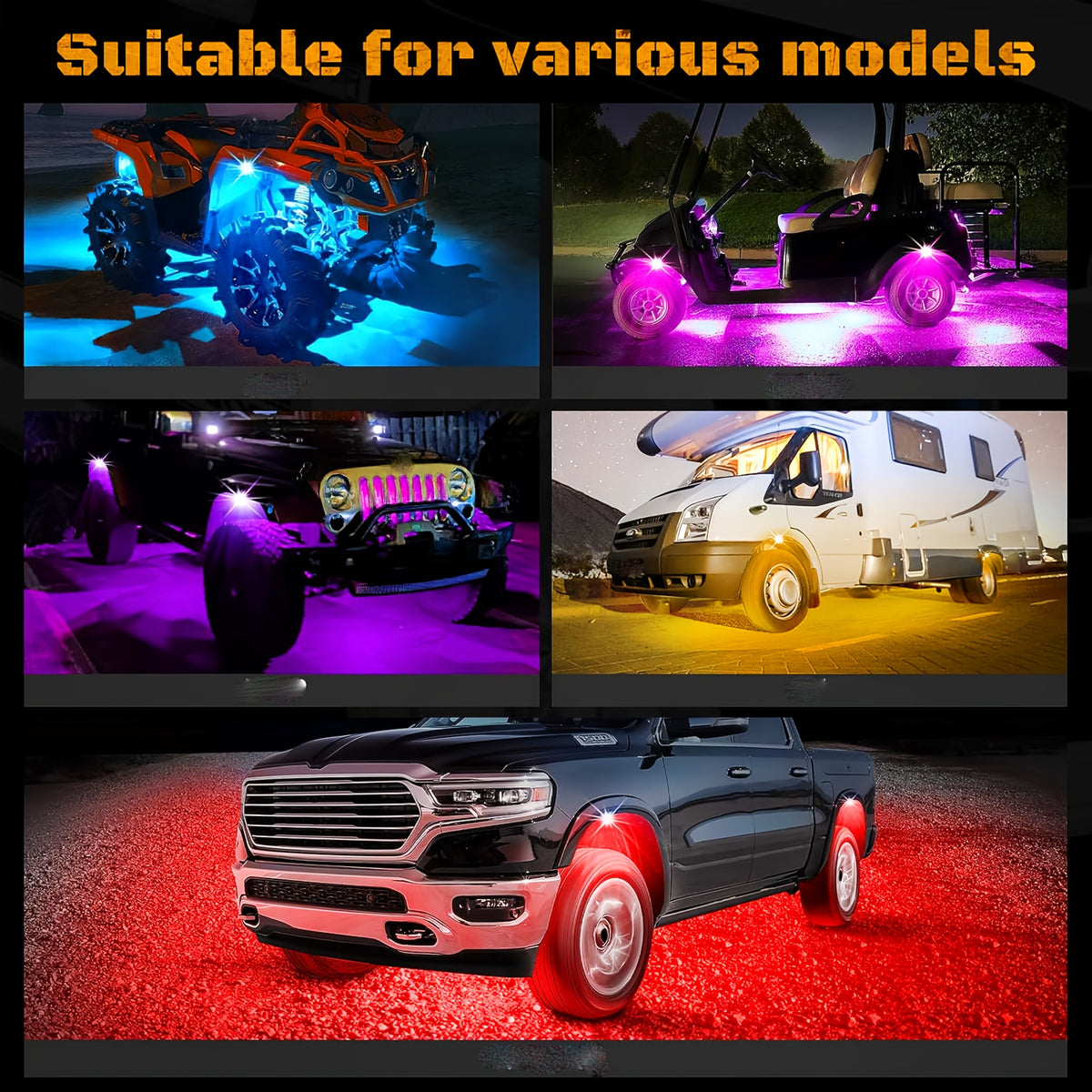RGB Rock Light Kit with 16 Listed LEDs, 4-in-1 Car Tire Ambient Lighting with Dimmable Colors, Multiple Modes and App Control for Compatible Vehicle Setups