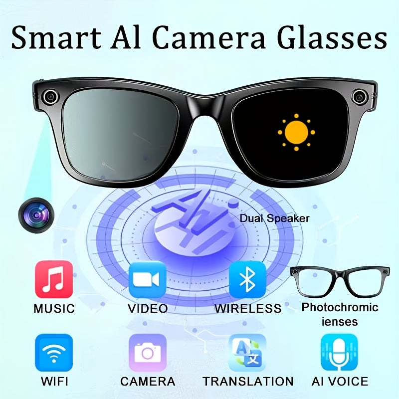 Photochromic Camera Glasses with 8MP Imaging, Stabilization, Photo Video and Audio Recording, AI Translation, Voice Control, Music and Dual Microphones