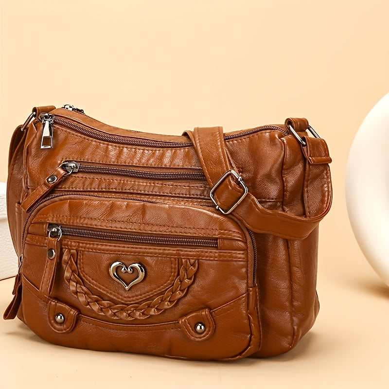 Multi-Pocket Vintage Crossbody Bag with Heart Decoration and Adjustable Shoulder Strap, Four Color Options in Grey, Black, Red or Brown for Casual Everyday Outfits