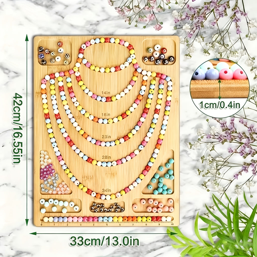 Bamboo Bead Design Board, Apricot Jewelry Layout Tray with Engraved Measurement Markings and Storage Grooves for Planning Bracelets and Necklaces