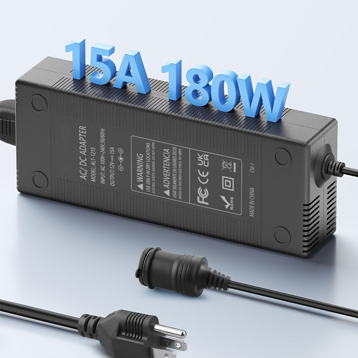 12V Car Power Adapter with Listed 15A 180W Maximum Output, 100–240V AC to DC Converter and 9.2ft Total Cord Length for Compatible Automotive Accessories at Home