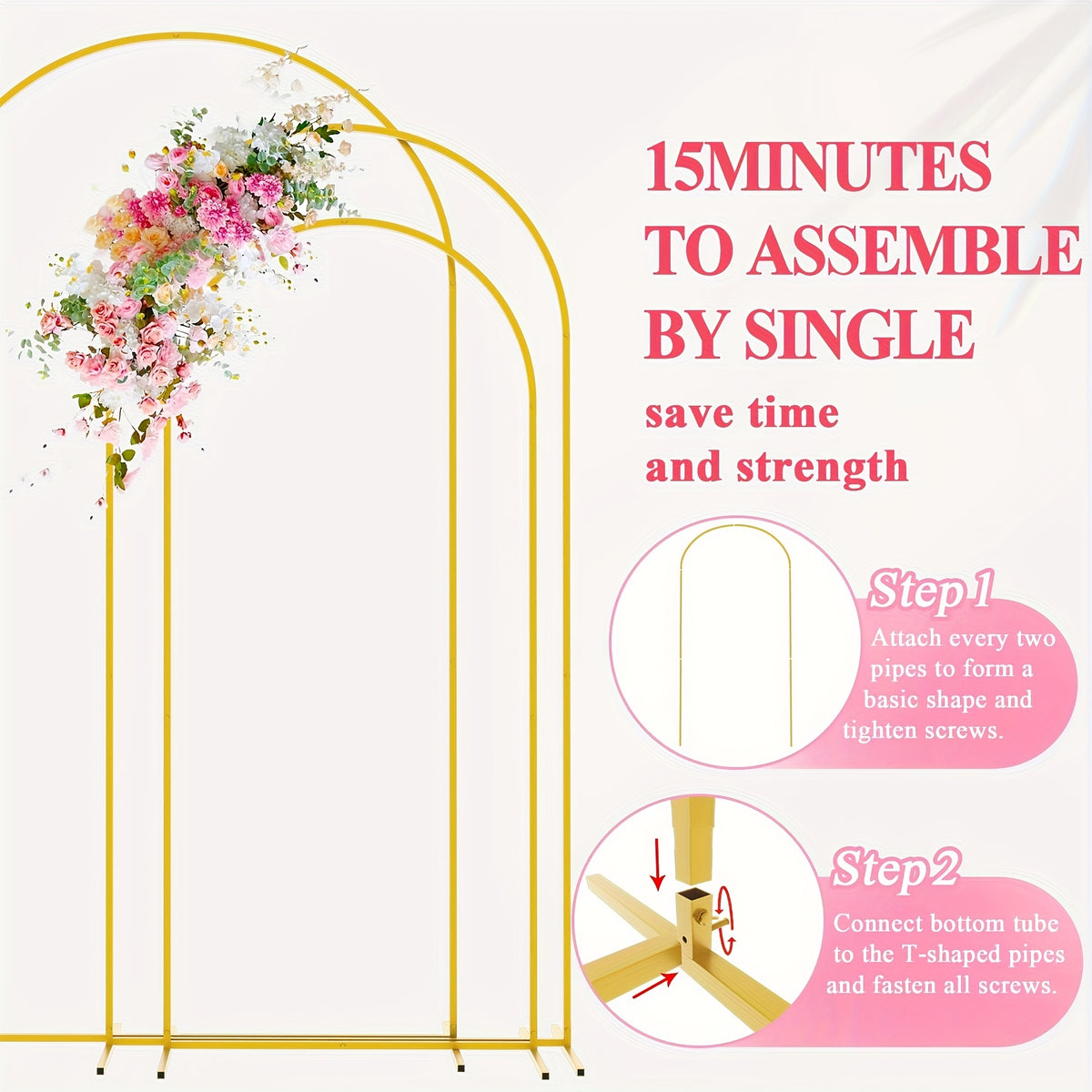 Wedding Backdrop Arch Frame with Metal Stand Options, Gold or White Two- and Three-Piece Selections plus Square Arch and Sign Display Styles for Party Decor