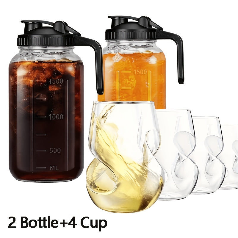 64oz Glass Pitcher with Handle and Pour Spout Lid, Wide Mouth Mason Jar Water Jug in 2-Pack, 3-Pack or Cup Set Options for BBQs and Fridge Storage