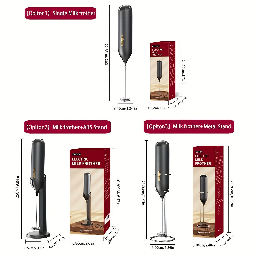 Handheld Milk Frother by CLITON, Battery-Powered 304 Stainless Steel Whisk for Coffee and Tea in Black, White or Green with Single or ABS Stand Options