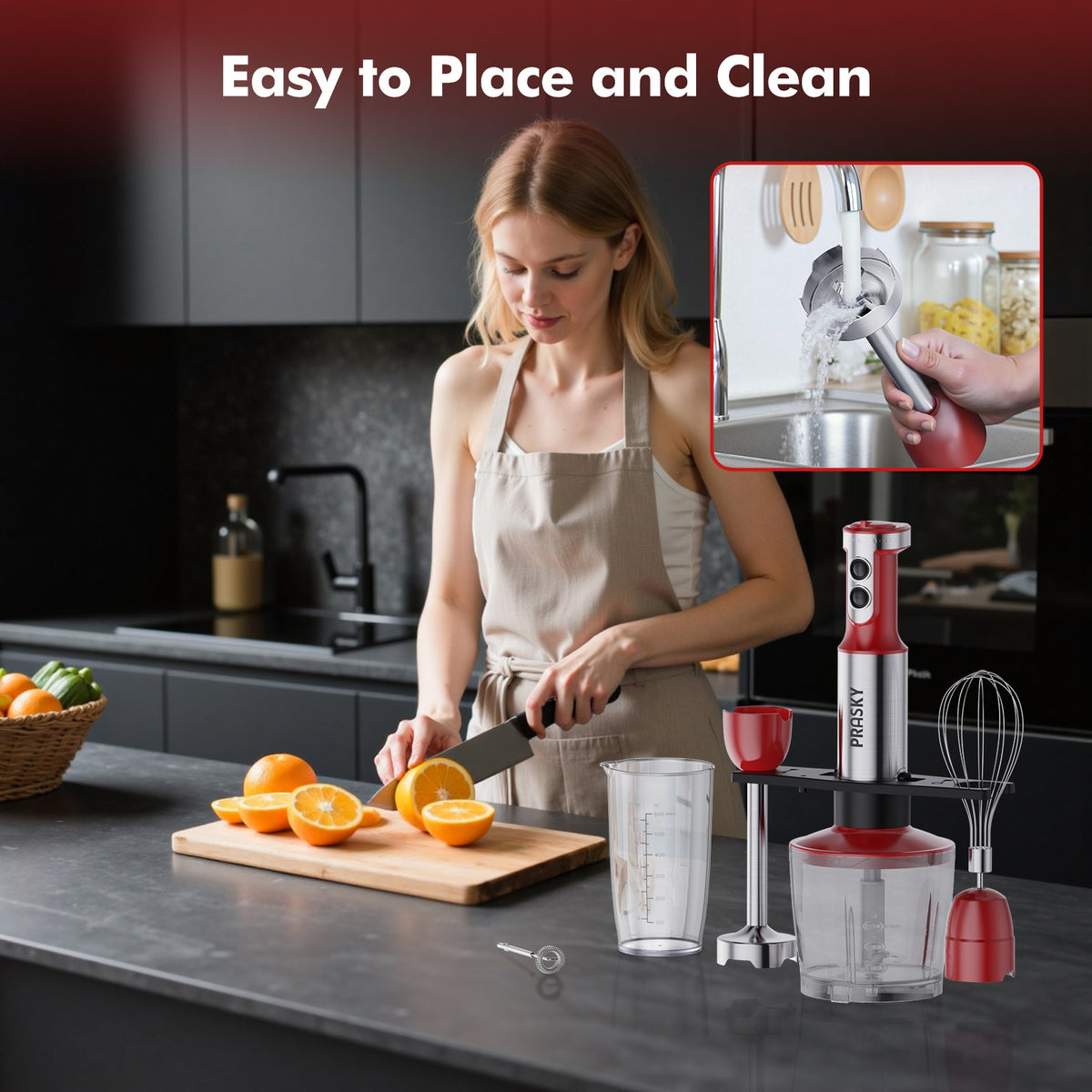 Immersion Blender Set with 5-in-1 Handheld Design, Whisk, Measuring Cups and Meat Chopper Attachments for Everyday Kitchen Prep in Red or Black