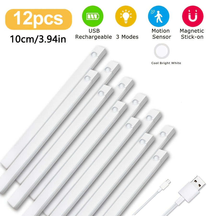 Magnetic Motion Sensor Cabinet Lights in Twelve-Piece Options with Listed USB Rechargeable Design and Three Modes, 10, 20 or 30cm Sizes for Indoor Storage Areas