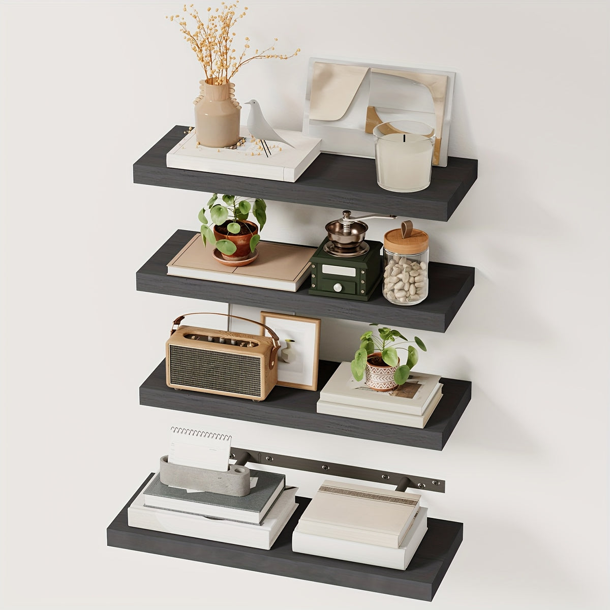 Rustic Wood Floating Shelves by TOMNK with Listed 15.8-Inch Size, Four or Eight-Piece Wall Shelf Sets for Bedroom, Living Room and Kitchen Storage Displays