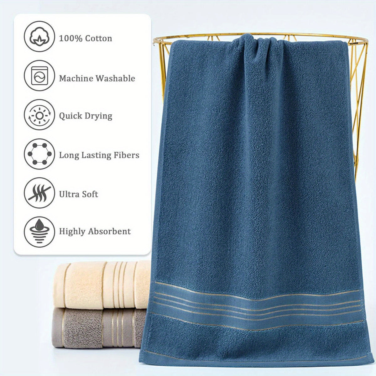 Cotton Hand Towel in Striped 100% Cotton, Single 28.35 x 12.6 Inch Bathroom Towel with Random-Color Hook and Beige, Blue or Khaki Options for Daily Hand Drying